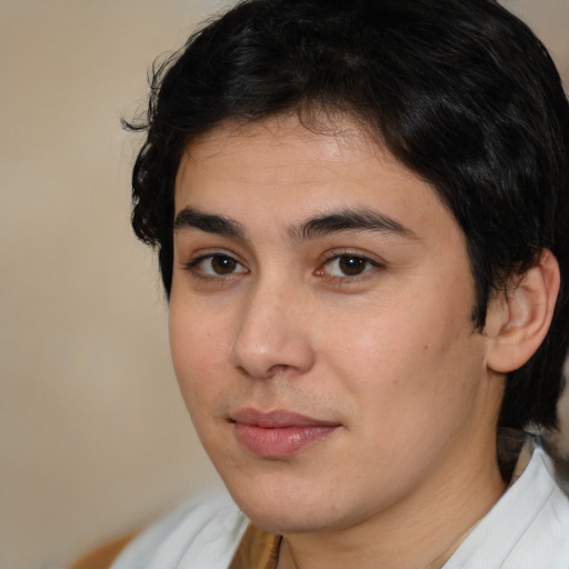 Joyful white young-adult male with medium  brown hair and brown eyes