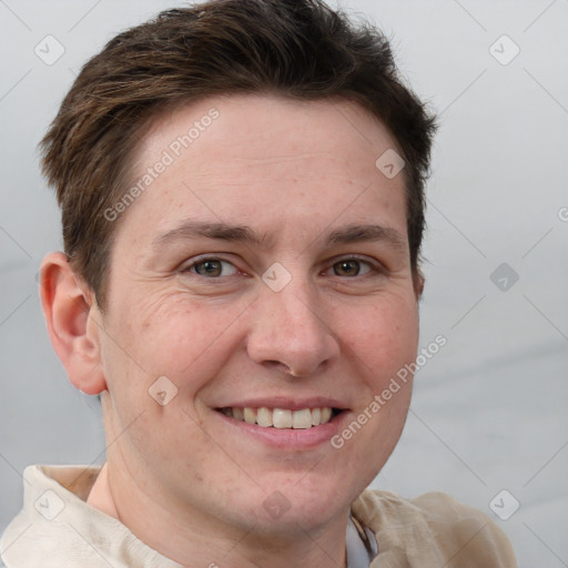 Joyful white adult male with short  brown hair and grey eyes