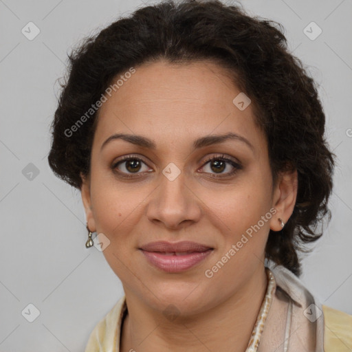 Joyful latino young-adult female with short  brown hair and brown eyes