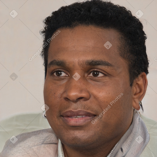 Joyful black adult male with short  black hair and brown eyes