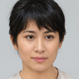 Neutral asian young-adult female with medium  brown hair and brown eyes