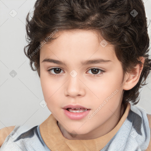 Joyful white child female with medium  brown hair and brown eyes