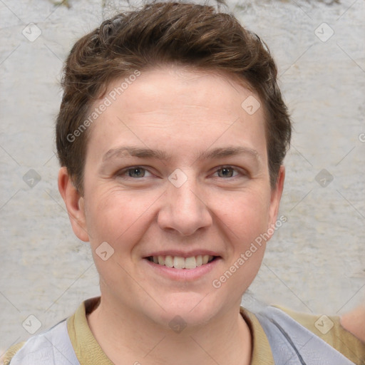 Joyful white young-adult female with short  brown hair and grey eyes