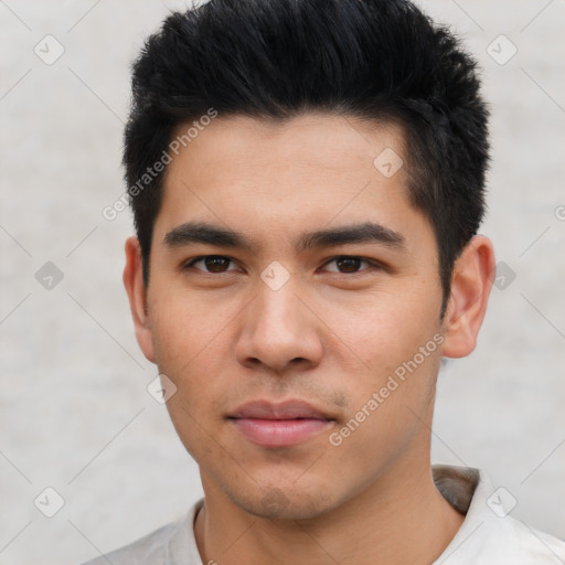 Neutral asian young-adult male with short  black hair and brown eyes