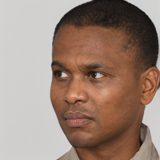 Neutral black adult male with short  black hair and brown eyes