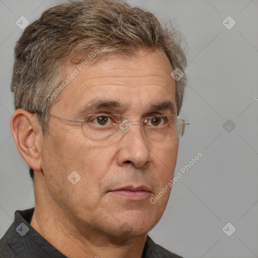 Neutral white middle-aged male with short  brown hair and brown eyes