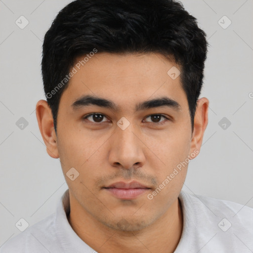 Neutral asian young-adult male with short  black hair and brown eyes