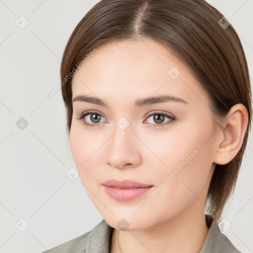 Neutral white young-adult female with medium  brown hair and brown eyes