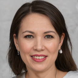 Joyful white adult female with medium  brown hair and brown eyes