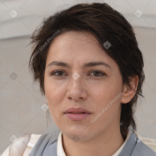 Neutral white adult female with medium  brown hair and brown eyes