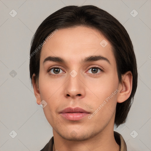 Neutral white young-adult male with short  brown hair and brown eyes