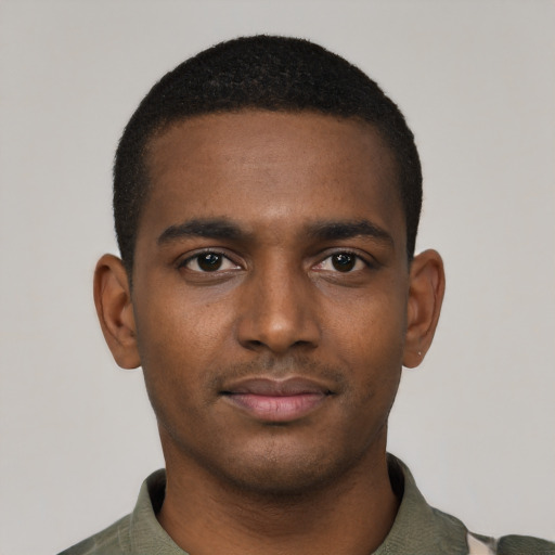 Neutral black young-adult male with short  black hair and brown eyes