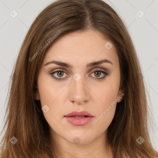 Neutral white young-adult female with long  brown hair and brown eyes