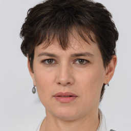 Neutral white young-adult female with short  brown hair and brown eyes