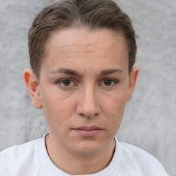 Neutral white young-adult female with short  brown hair and brown eyes