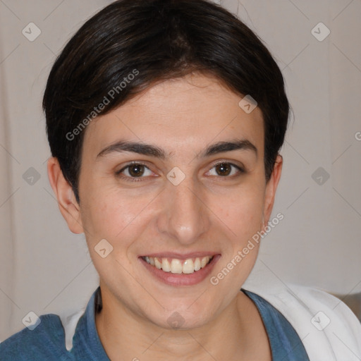 Joyful white young-adult female with medium  brown hair and brown eyes