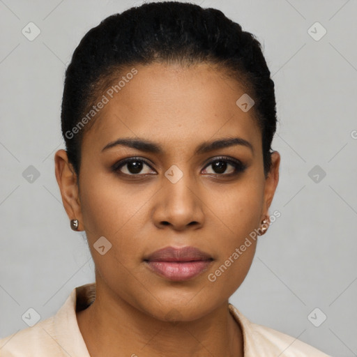 Joyful latino young-adult female with short  brown hair and brown eyes