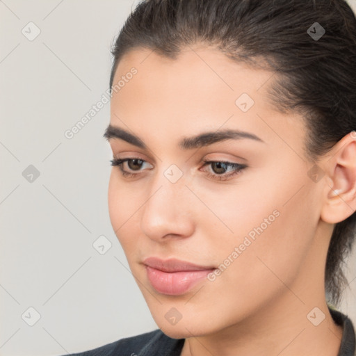 Neutral white young-adult female with medium  brown hair and brown eyes