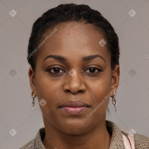 Joyful black young-adult female with short  black hair and brown eyes