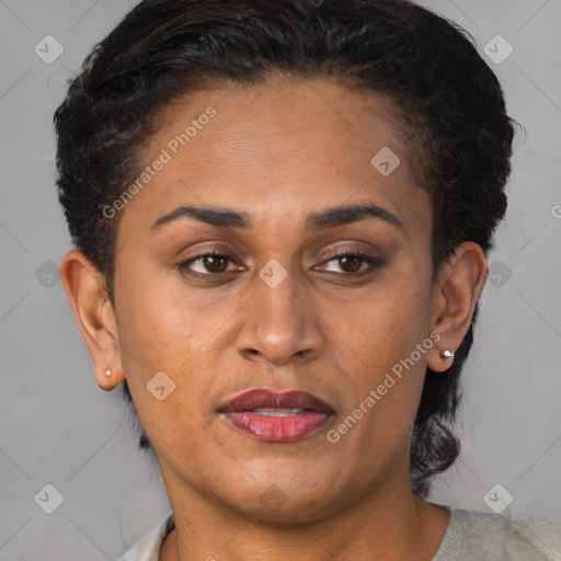 Joyful black adult female with short  brown hair and brown eyes