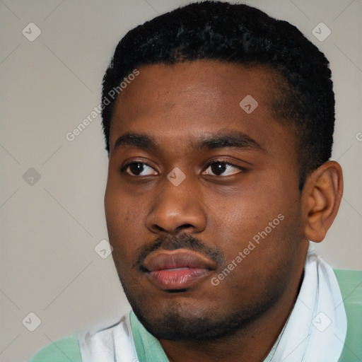 Neutral black young-adult male with short  black hair and brown eyes