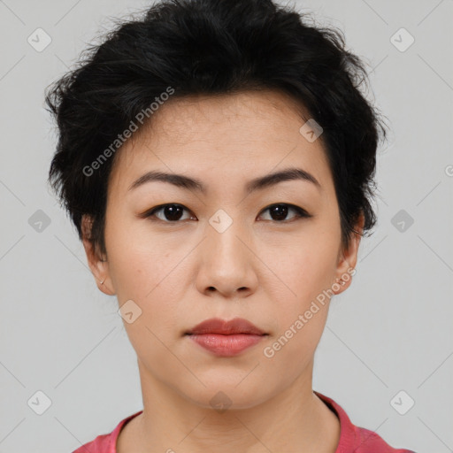 Neutral asian young-adult female with short  black hair and brown eyes