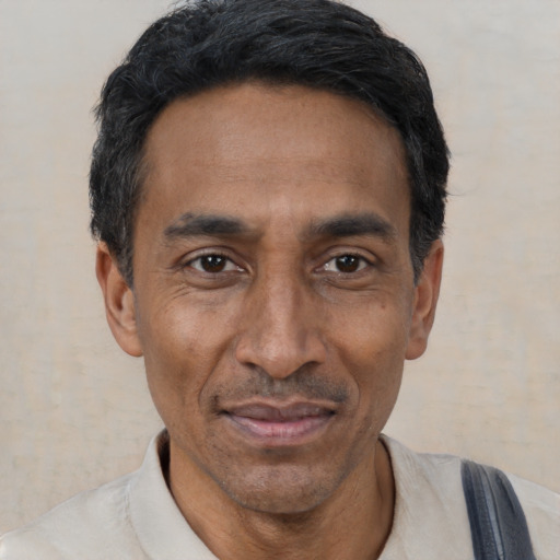 Joyful latino adult male with short  black hair and brown eyes