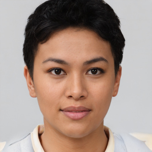 Joyful asian young-adult female with short  brown hair and brown eyes