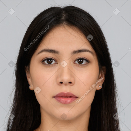 Neutral asian young-adult female with long  brown hair and brown eyes