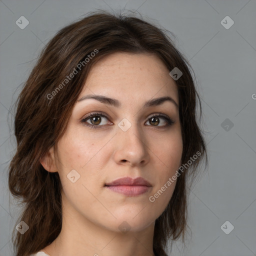 Neutral white young-adult female with medium  brown hair and brown eyes