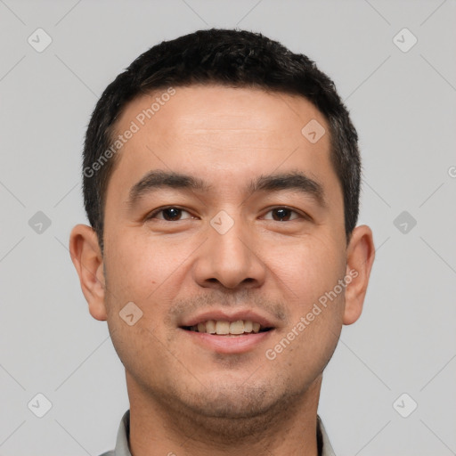 Joyful white young-adult male with short  black hair and brown eyes