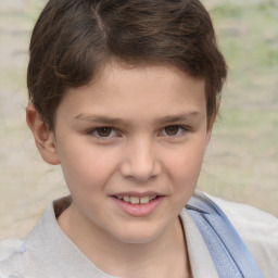 Joyful white child female with short  brown hair and brown eyes