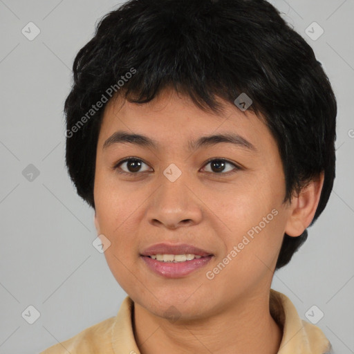 Joyful asian young-adult female with short  black hair and brown eyes