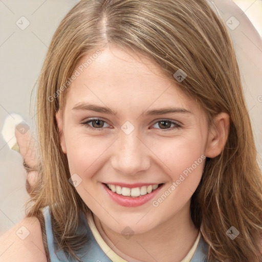 Joyful white child female with medium  brown hair and brown eyes