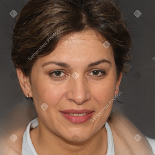 Joyful white adult female with short  brown hair and brown eyes