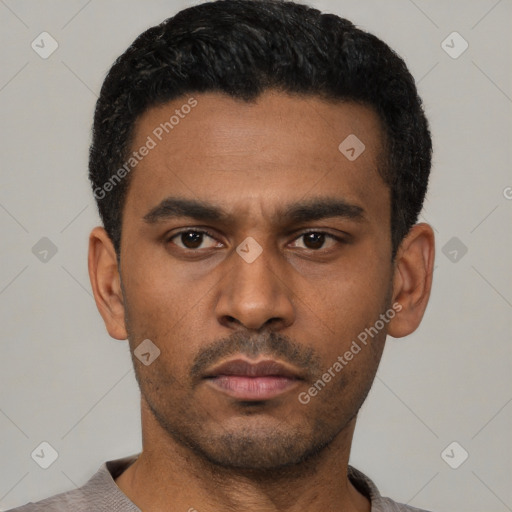 Neutral latino young-adult male with short  black hair and brown eyes