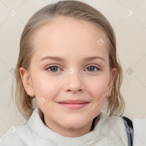 Joyful white child female with medium  brown hair and blue eyes