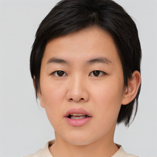 Neutral asian young-adult female with medium  brown hair and brown eyes