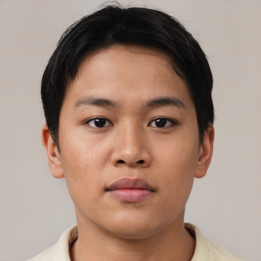 Neutral asian young-adult male with short  brown hair and brown eyes