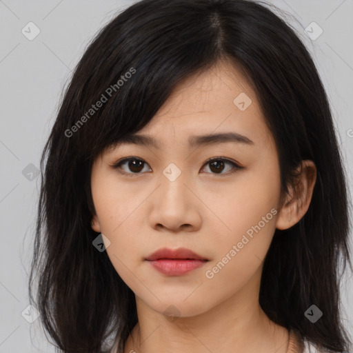 Neutral asian young-adult female with long  brown hair and brown eyes