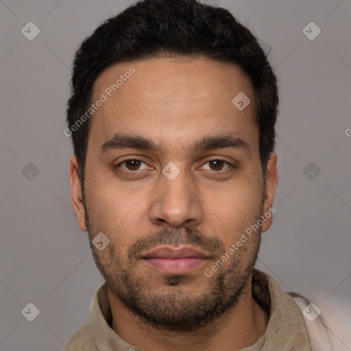 Neutral white young-adult male with short  black hair and brown eyes
