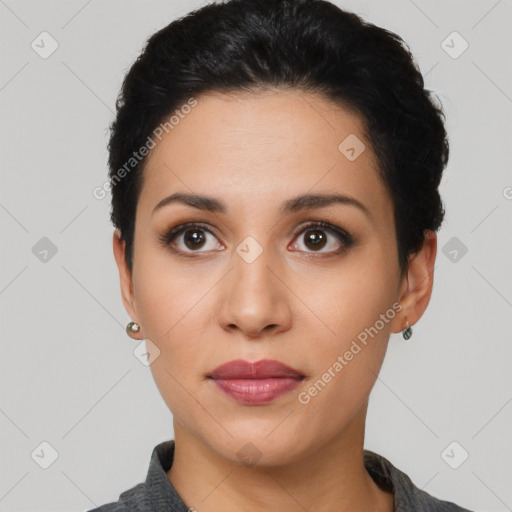 Neutral latino young-adult female with short  black hair and brown eyes