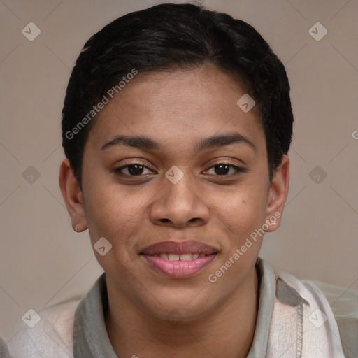 Joyful latino young-adult female with short  brown hair and brown eyes