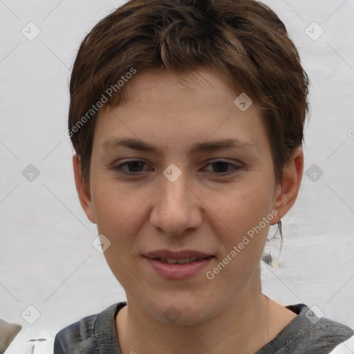 Joyful white young-adult female with short  brown hair and brown eyes