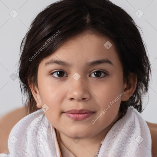 Joyful white child female with medium  brown hair and brown eyes