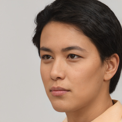 Neutral asian young-adult female with short  black hair and brown eyes
