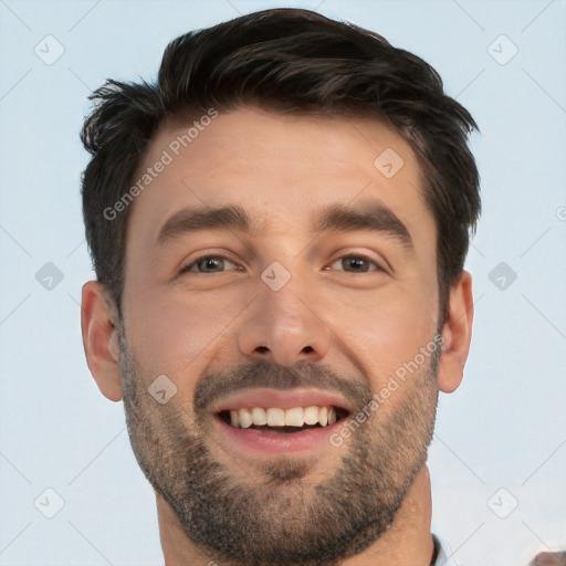 Joyful white young-adult male with short  brown hair and brown eyes