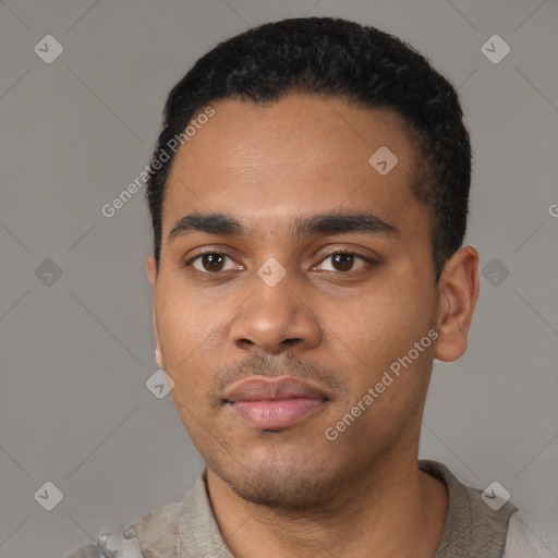 Neutral latino young-adult male with short  black hair and brown eyes