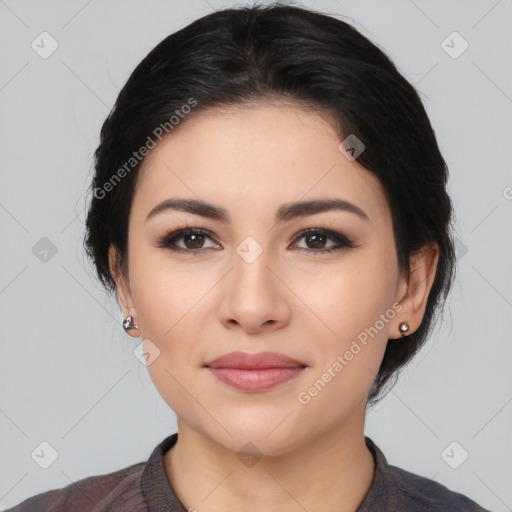 Joyful white young-adult female with medium  black hair and brown eyes