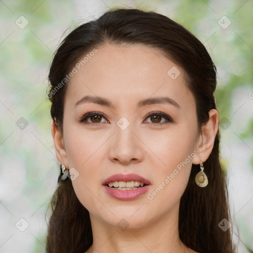 Joyful white young-adult female with long  brown hair and brown eyes